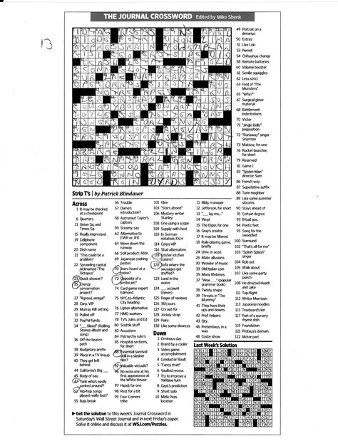 The longest answer is CRIBBAGEBOARD which contains 13 Characters. . Wall street journal crossword puzzle answers